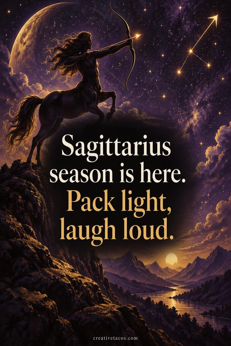 Quote card: Sagittarius season is here. Pack light, laugh loud.