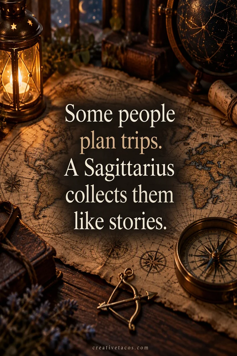Quote card: Some people plan trips. A Sagittarius collects them like stories.