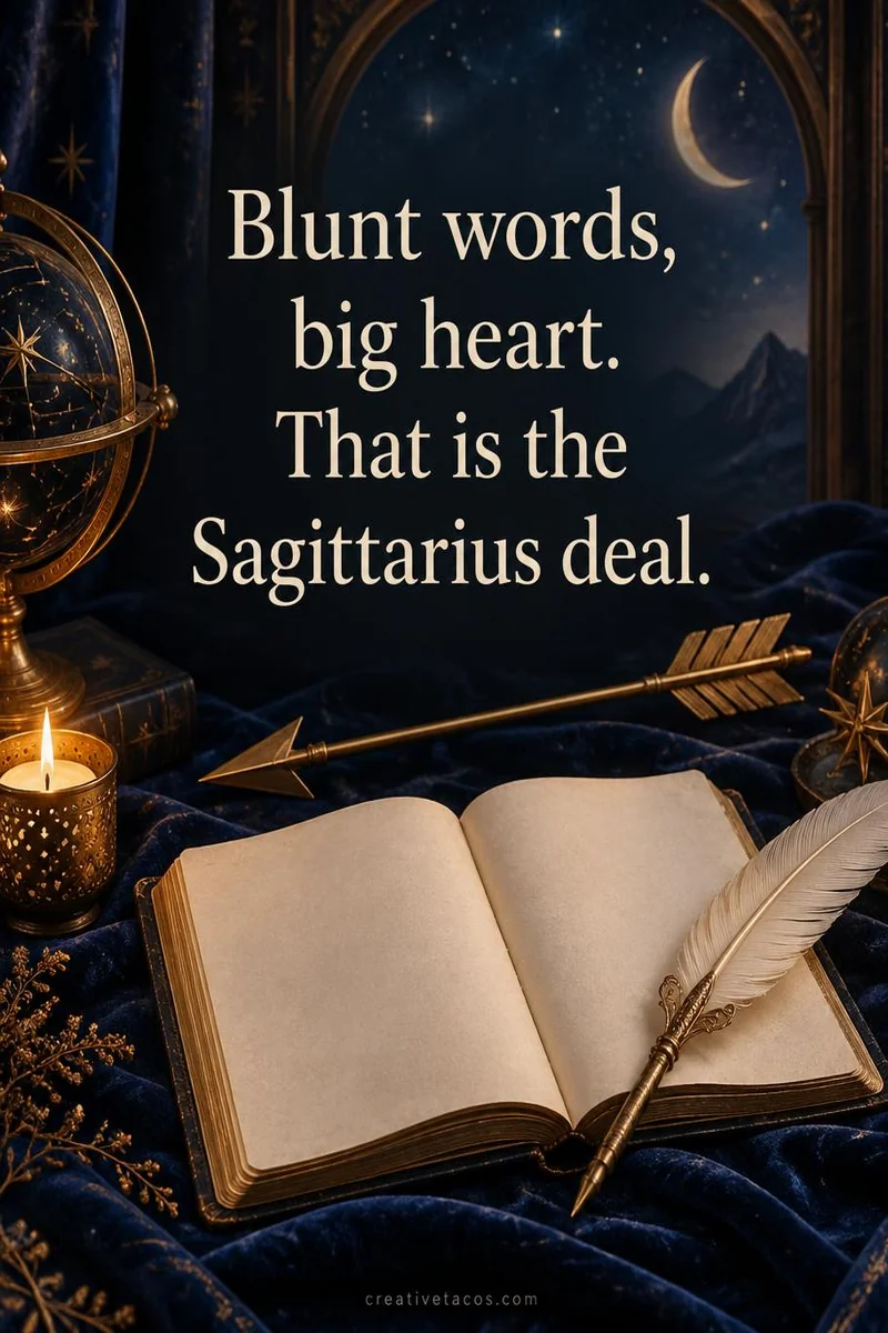 Quote card: Blunt words, big heart. That is the Sagittarius deal.