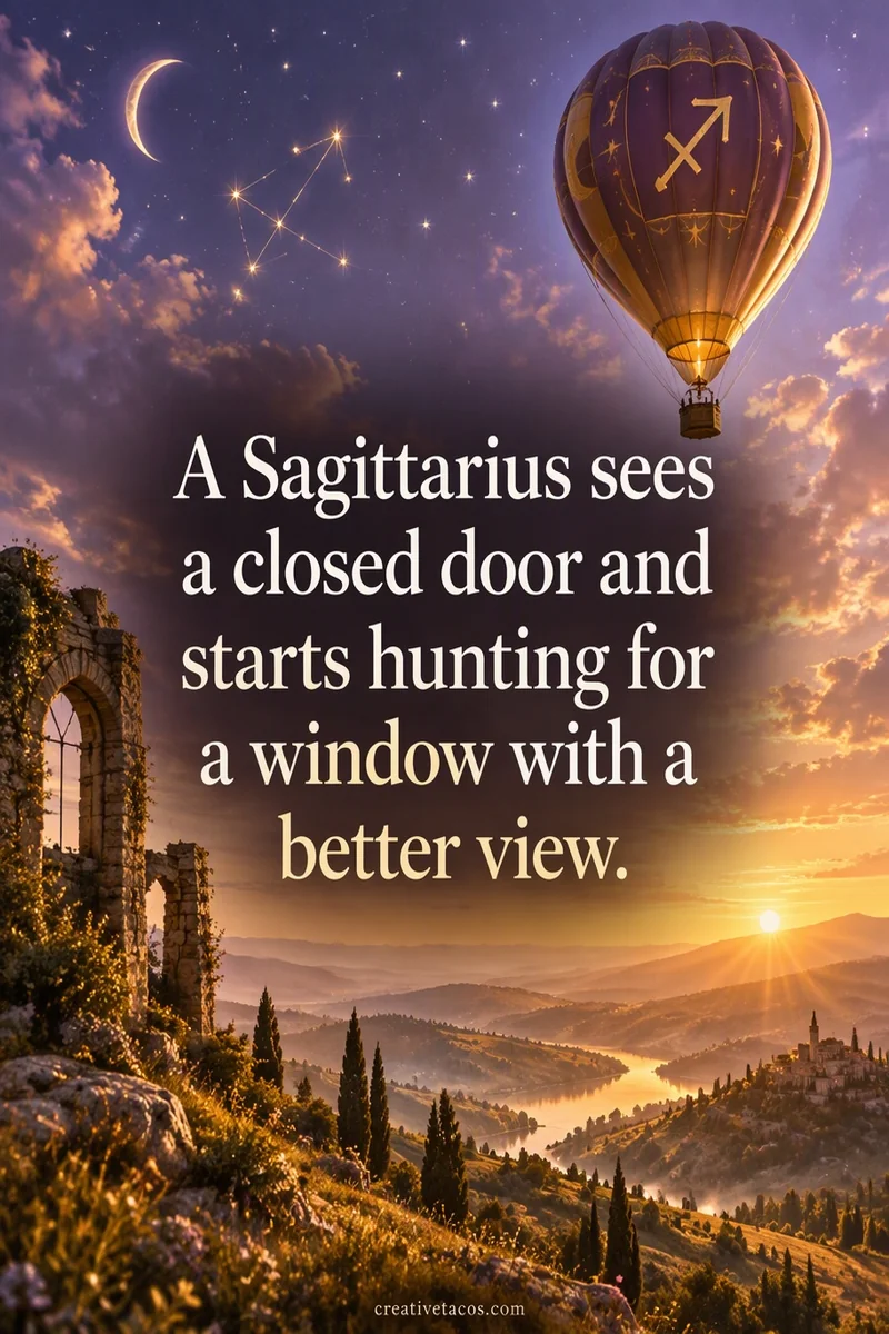 Quote card: A Sagittarius sees a closed door and starts hunting for a window with a better view.