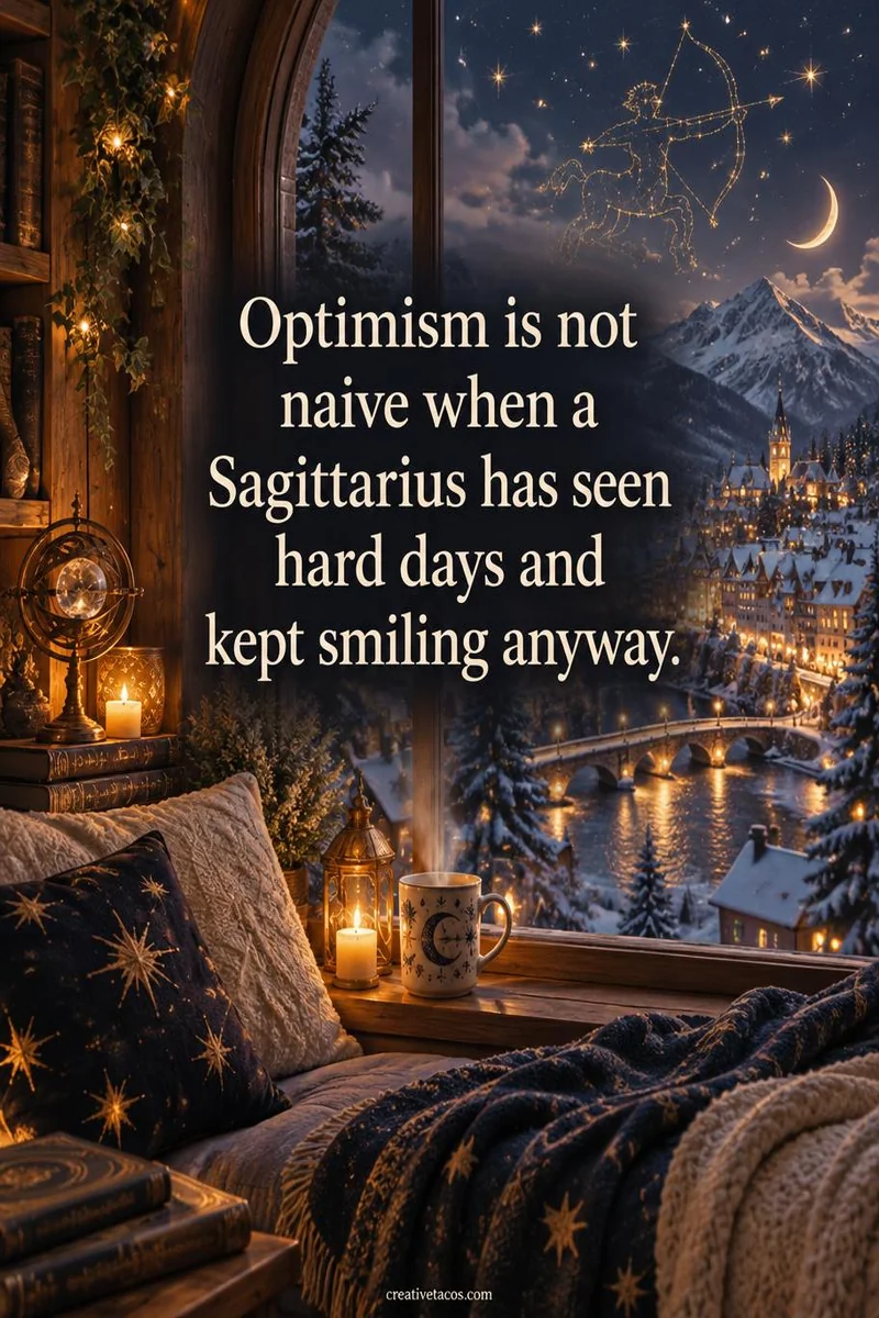 Quote card: Optimism is not naive when a Sagittarius has seen hard days and kept smiling anyway.
