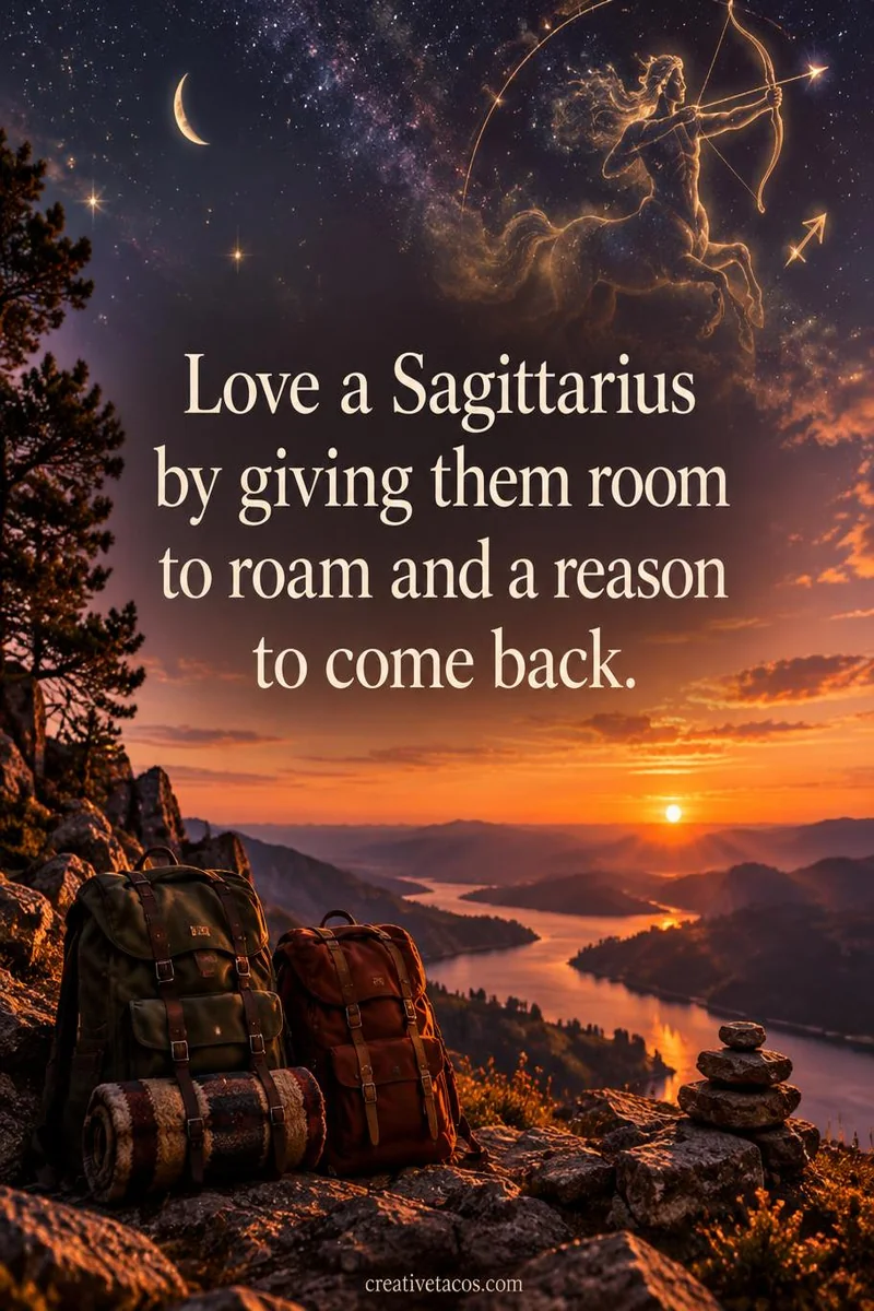 Quote card: Love a Sagittarius by giving them room to roam and a reason to come back.