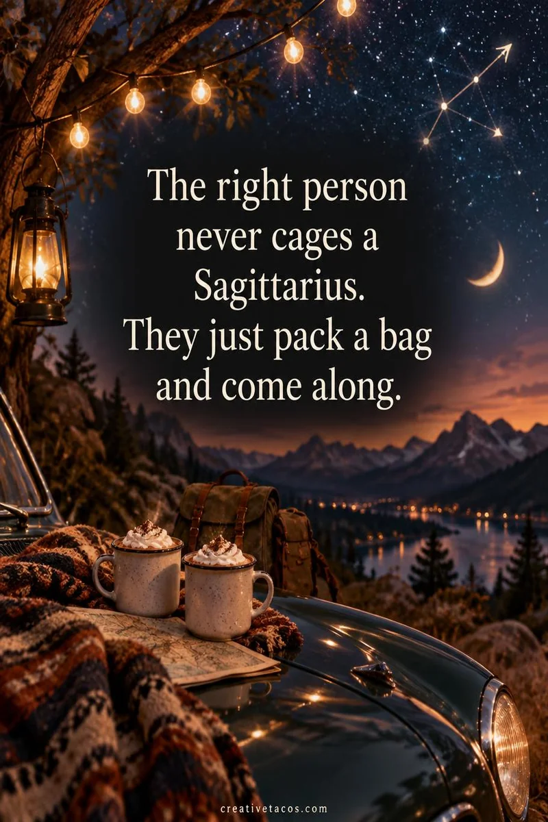 Quote card: The right person never cages a Sagittarius. They just pack a bag and come along.