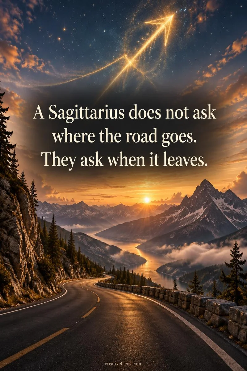 Quote card: A Sagittarius does not ask where the road goes. They ask when it leaves.