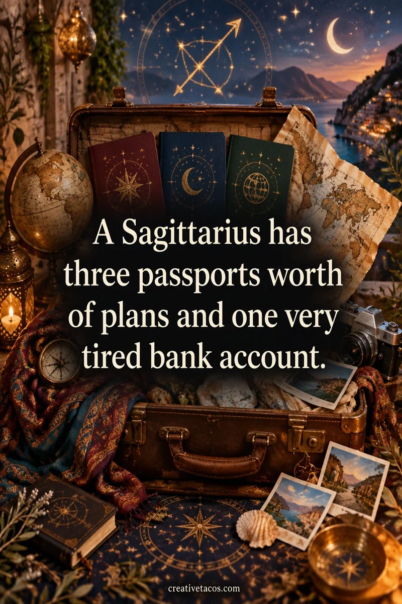 Quote card: A Sagittarius has three passports worth of plans and one very tired bank account.