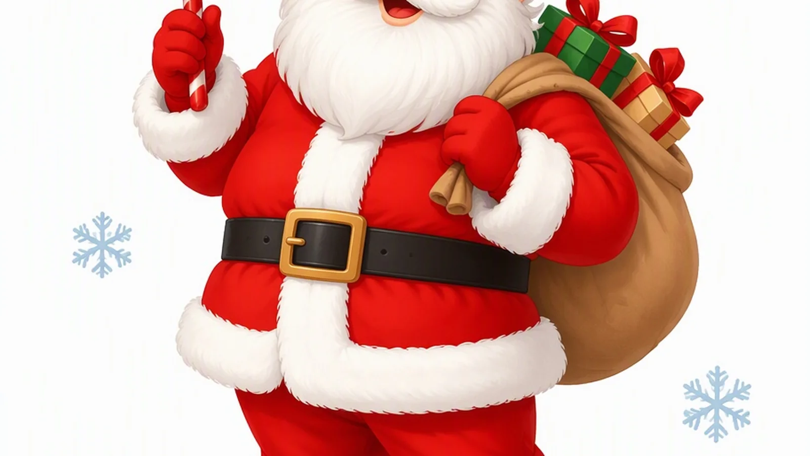 Illustration of a jolly Santa Claus laughing with a sack of gifts, a candy cane, and snowflakes on a white background for Santa jokes.