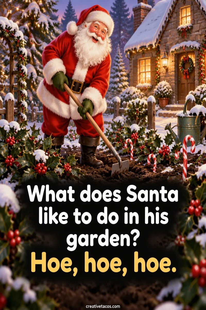 Quote card: What does Santa like to do in his garden? Hoe, hoe, hoe.
