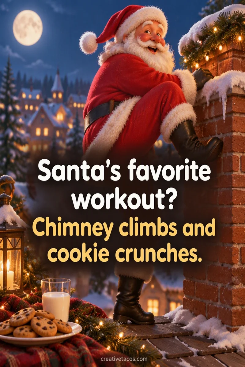 Quote card: Santa's favorite workout? Chimney climbs and cookie crunches.