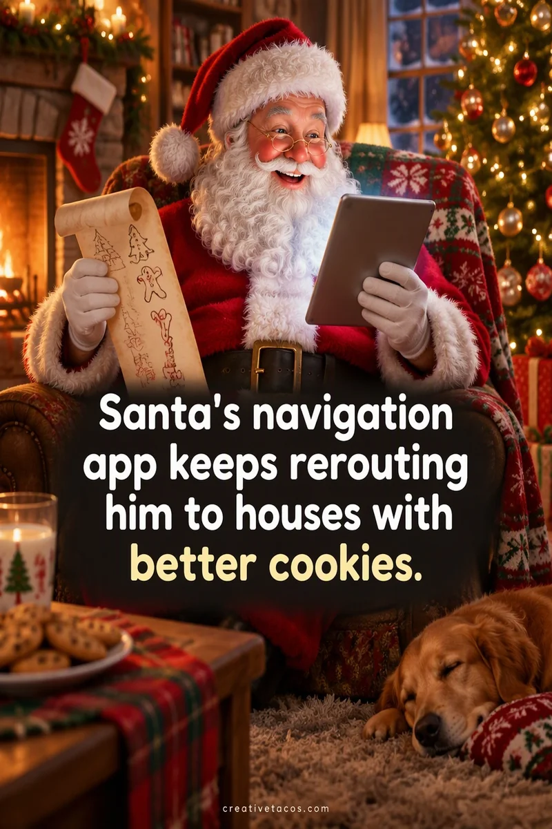 Quote card: Santa's navigation app keeps rerouting him to houses with better cookies.