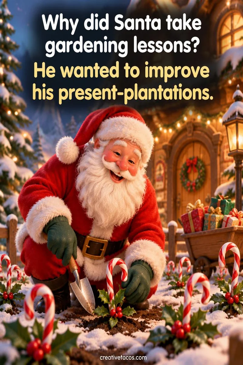 Quote card: Why did Santa take gardening lessons? He wanted to improve his present-plantations.