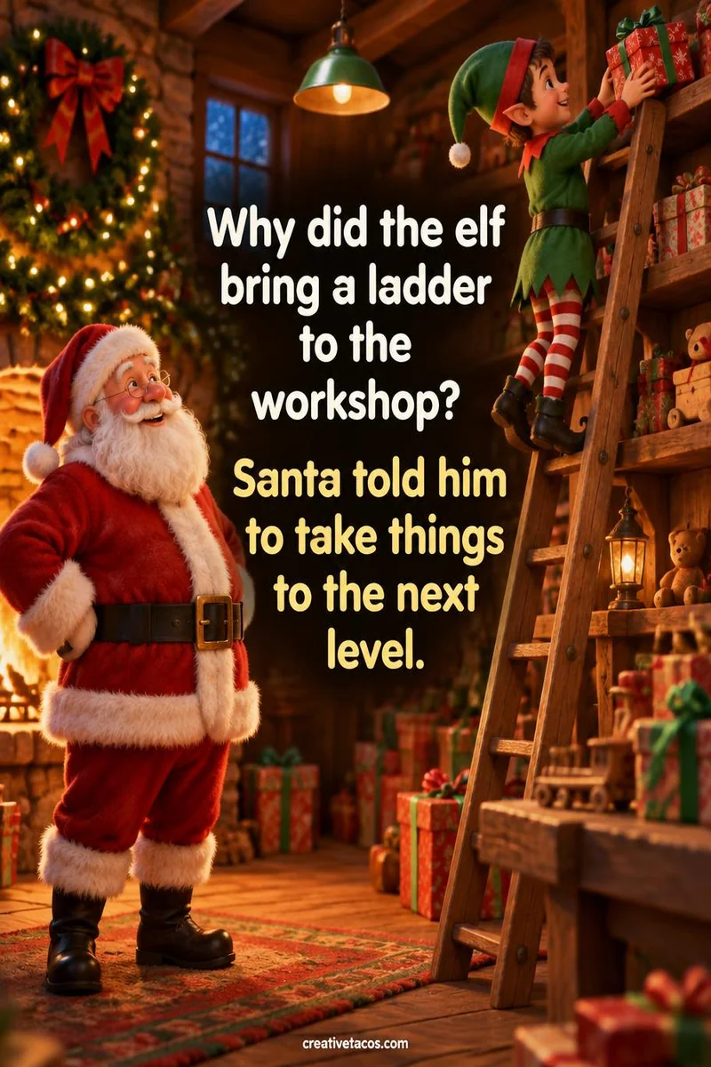 Quote card: Why did the elf bring a ladder to the workshop? Santa told him to take things to the next level.