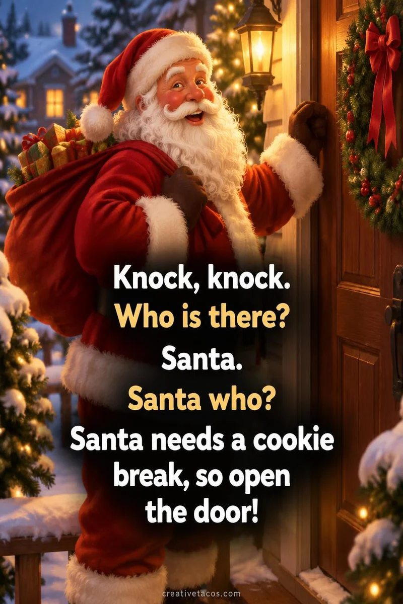 Quote card: Knock, knock. Who is there? Santa. Santa who? Santa needs a cookie break, so open the door!