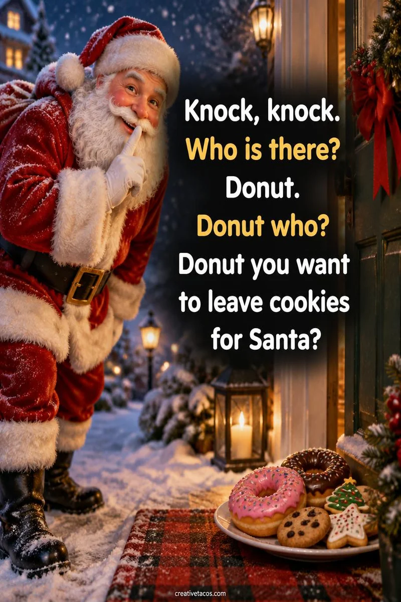 Quote card: Knock, knock. Who is there? Donut. Donut who? Donut you want to leave cookies for Santa?