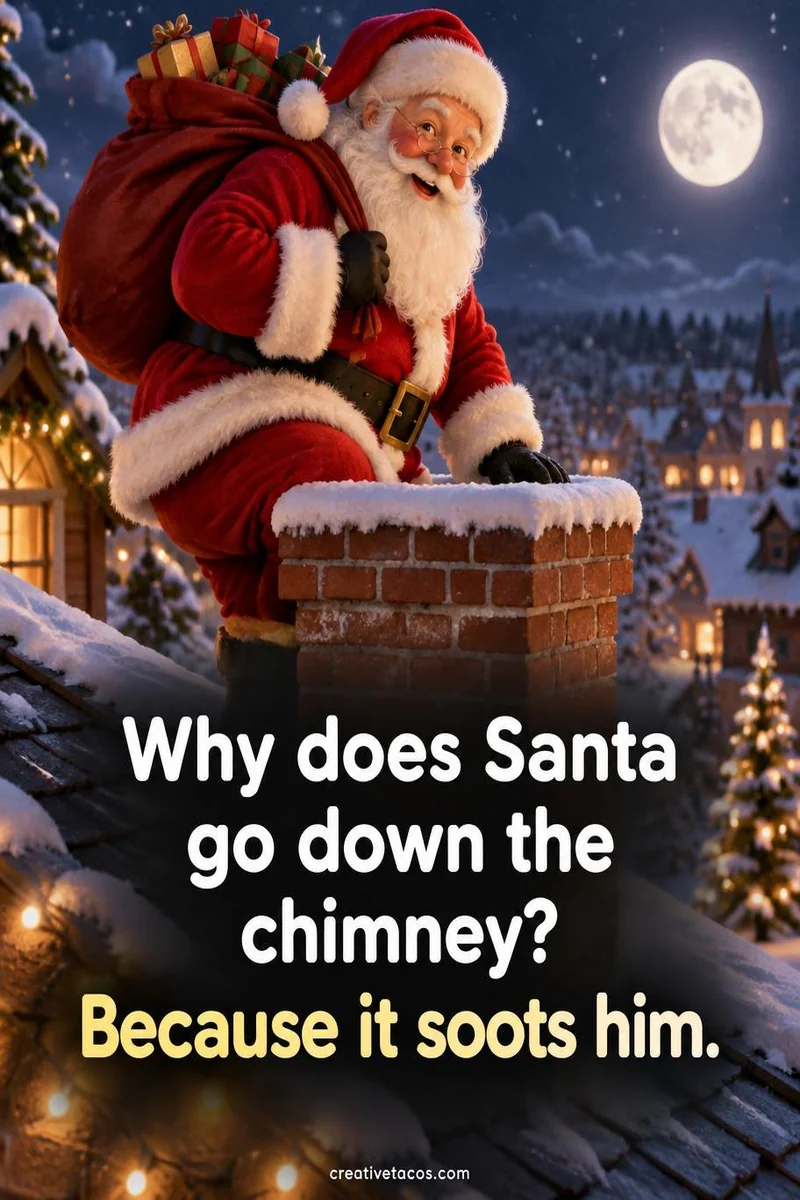 Quote card: Why does Santa go down the chimney? Because it soots him.