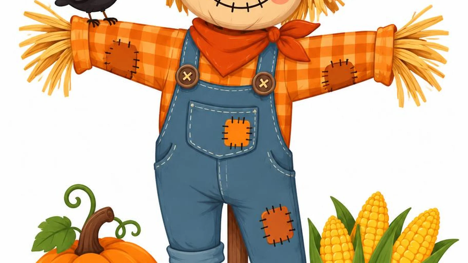 Clean illustration of a friendly cartoon scarecrow with straw hat on a white background for scarecrow puns.