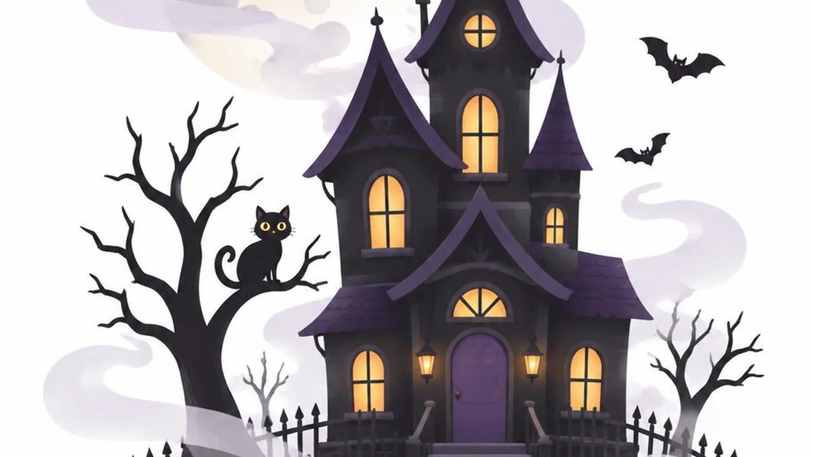 Clean illustration of a soft moon and gentle haunted house on a white background for scary quotes.