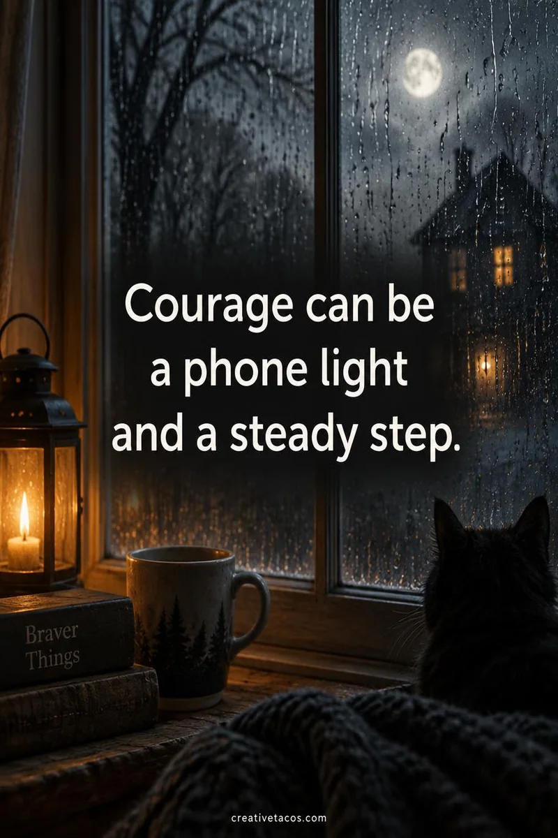 Quote card: Courage can be a phone light and a steady step.