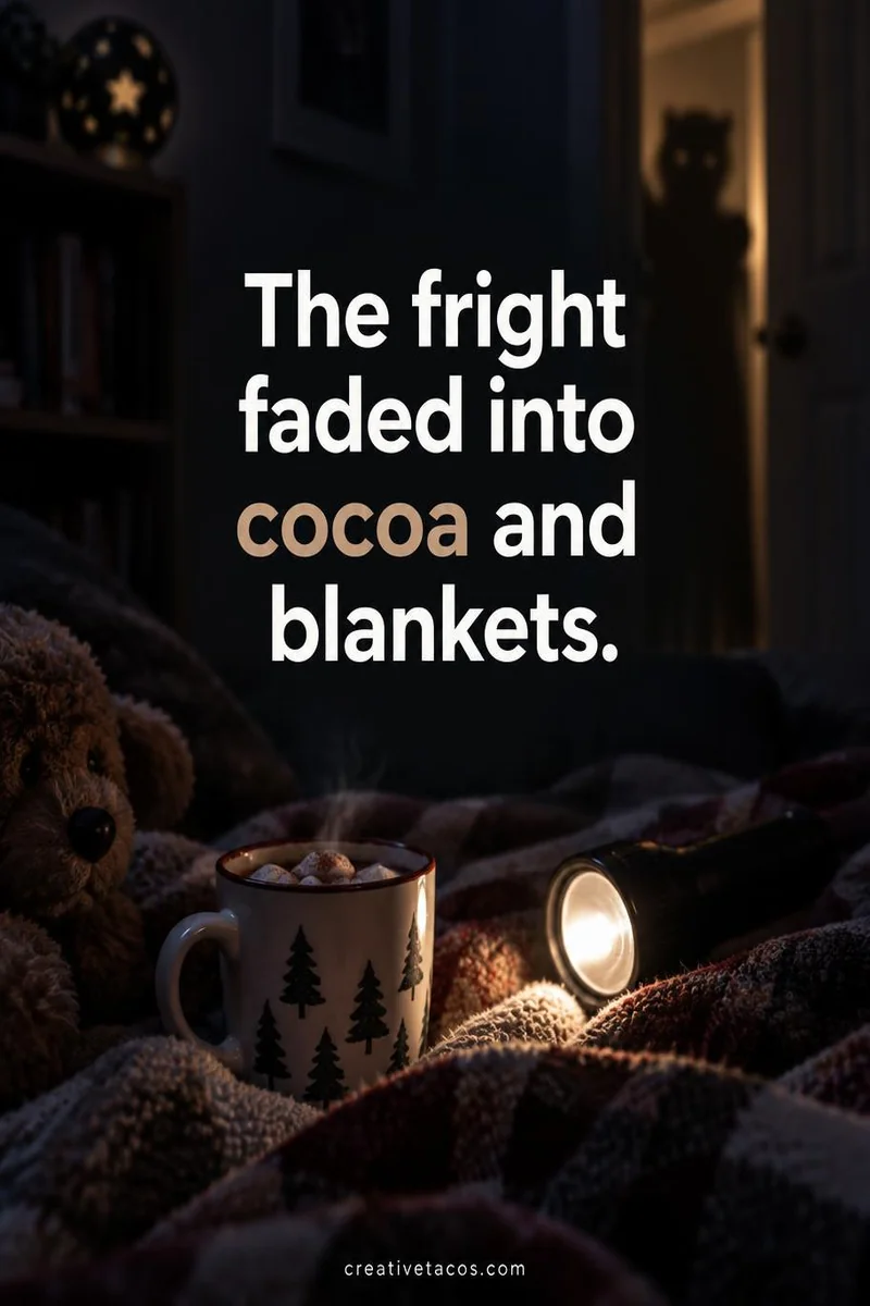 Quote card: The fright faded into cocoa and blankets.
