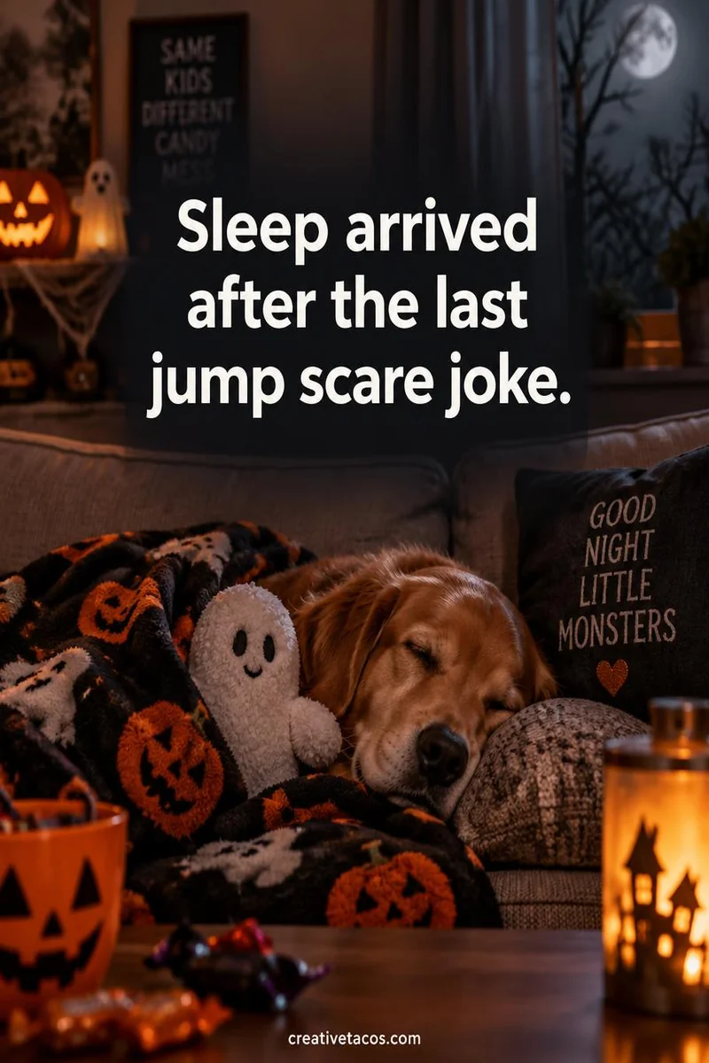 Quote card: Sleep arrived after the last jump scare joke.