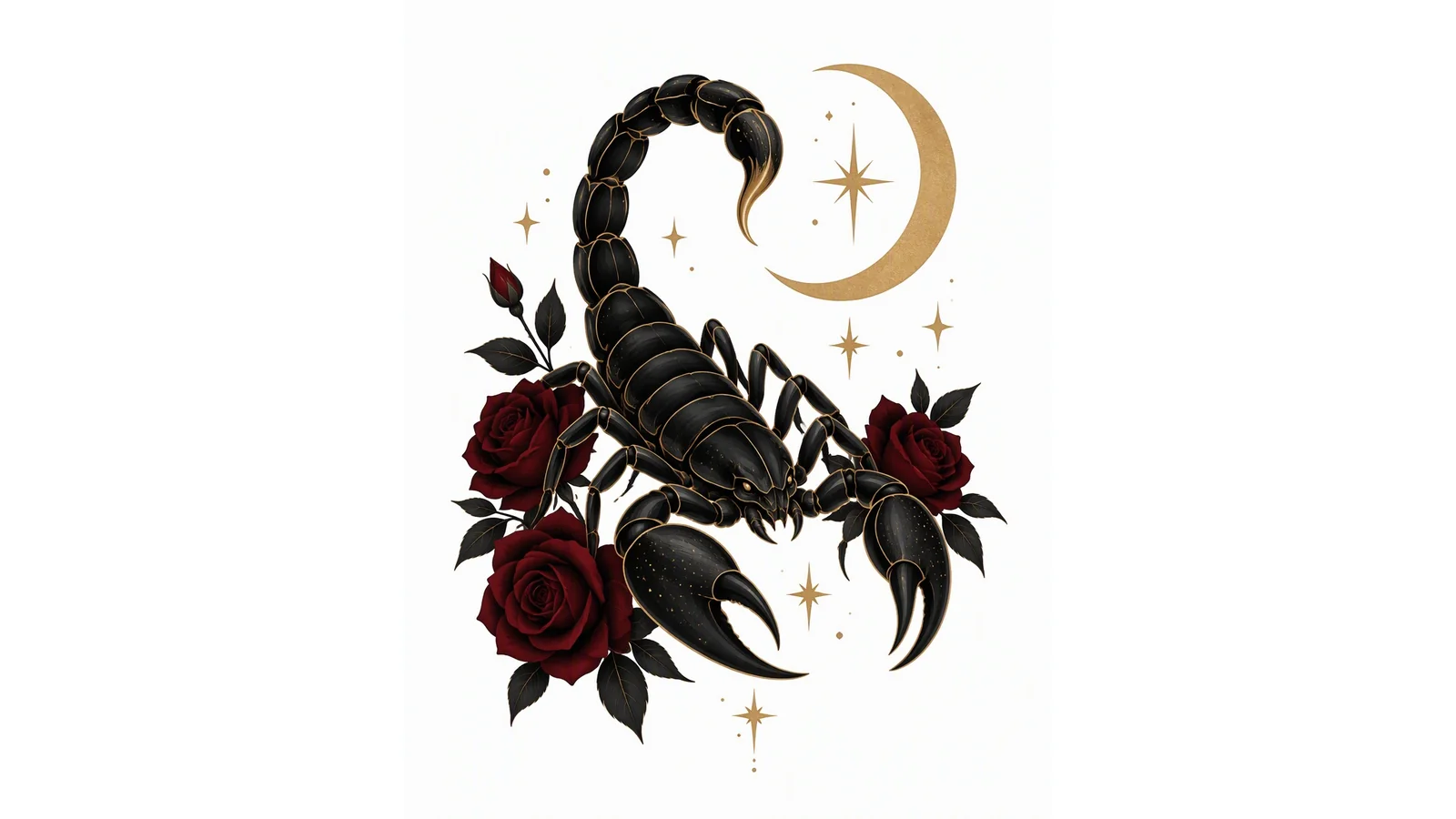 Illustration of a stylized black scorpion with burgundy roses, a crescent moon, and gold sparkles on a white background for Scorpio quotes.