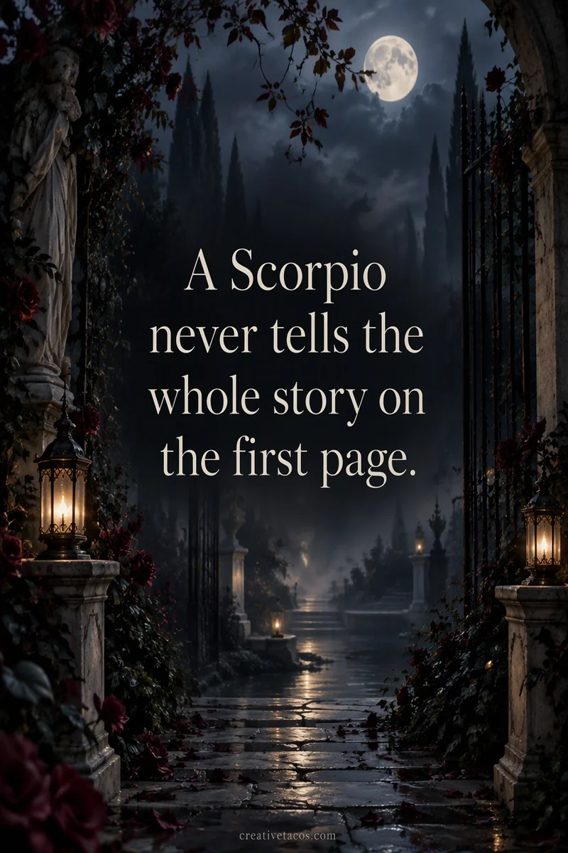 Quote card: A Scorpio never tells the whole story on the first page.
