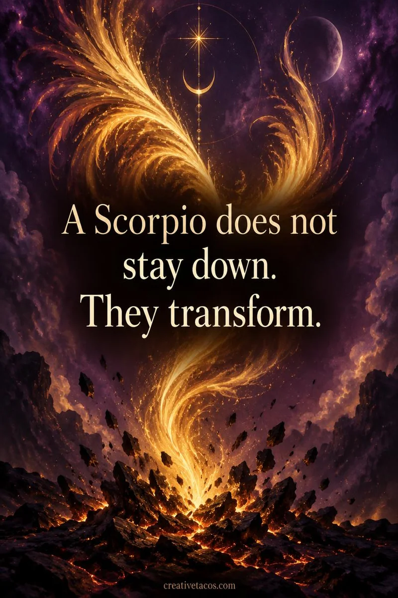 Quote card: A Scorpio does not stay down. They transform.