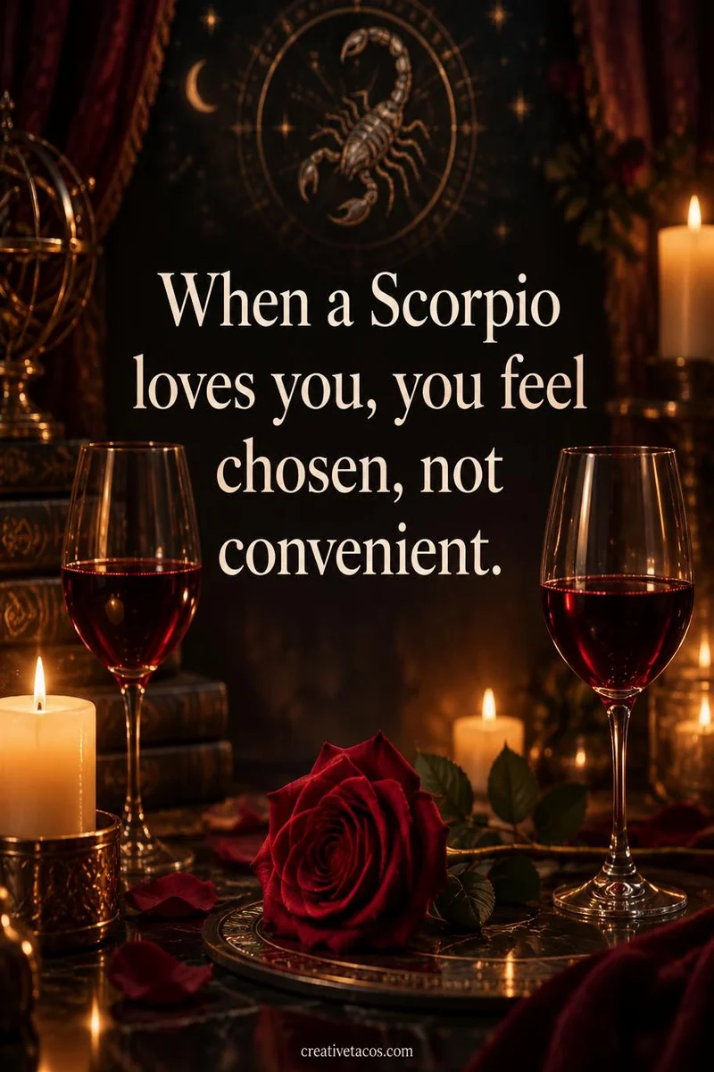 Quote card: When a Scorpio loves you, you feel chosen, not convenient.