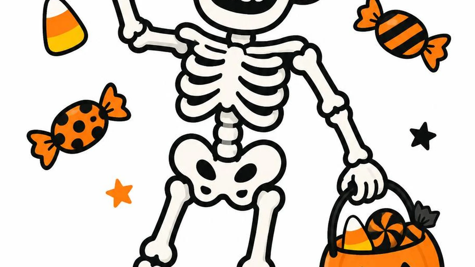 Clean illustration of a friendly cartoon skeleton and candy on a white background for skeleton jokes.