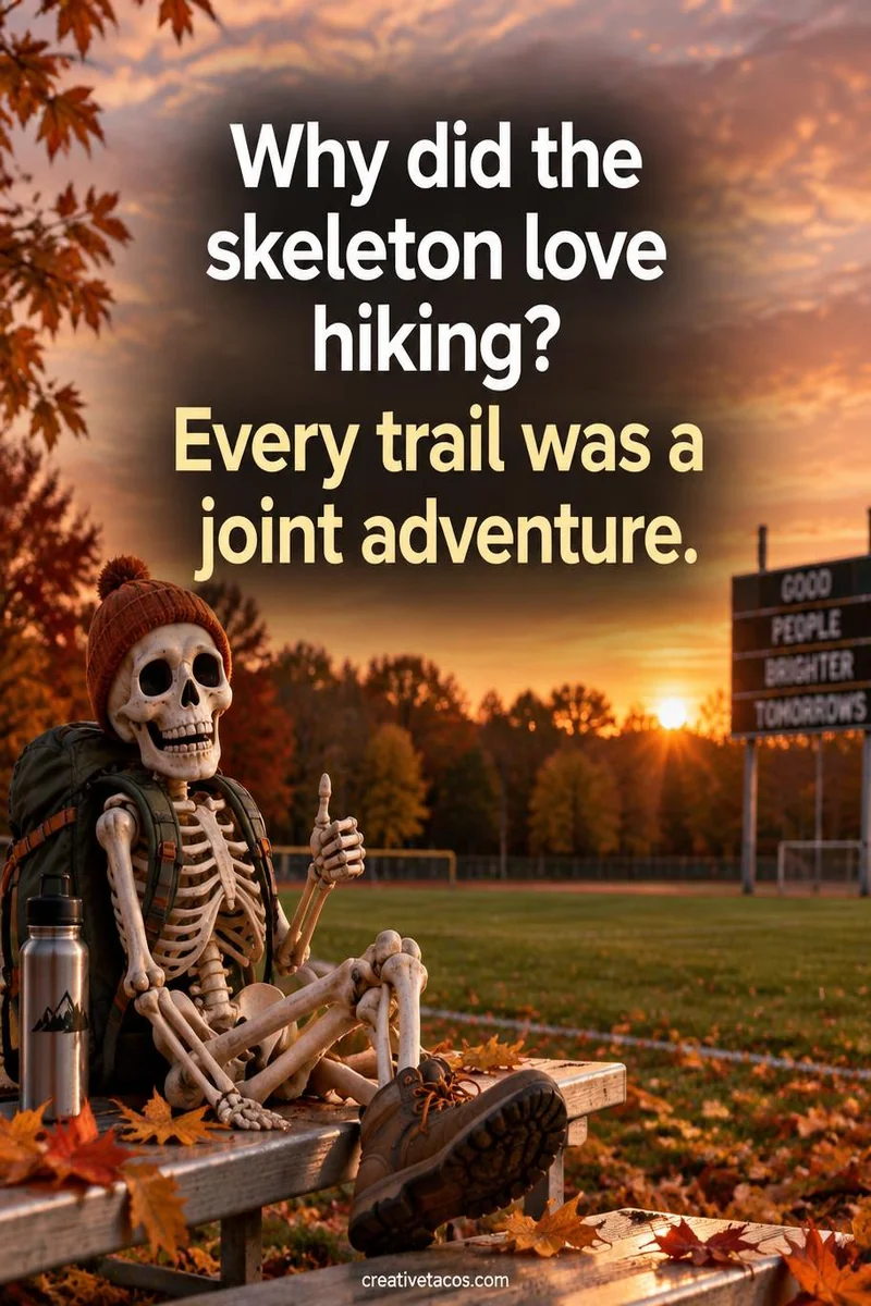 Quote card: Why did the skeleton love hiking? Every trail was a joint adventure.