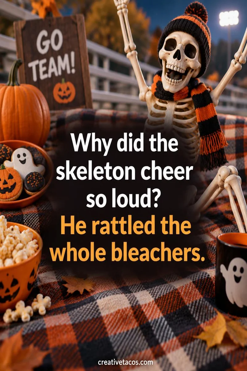 Quote card: Why did the skeleton cheer so loud? He rattled the whole bleachers.