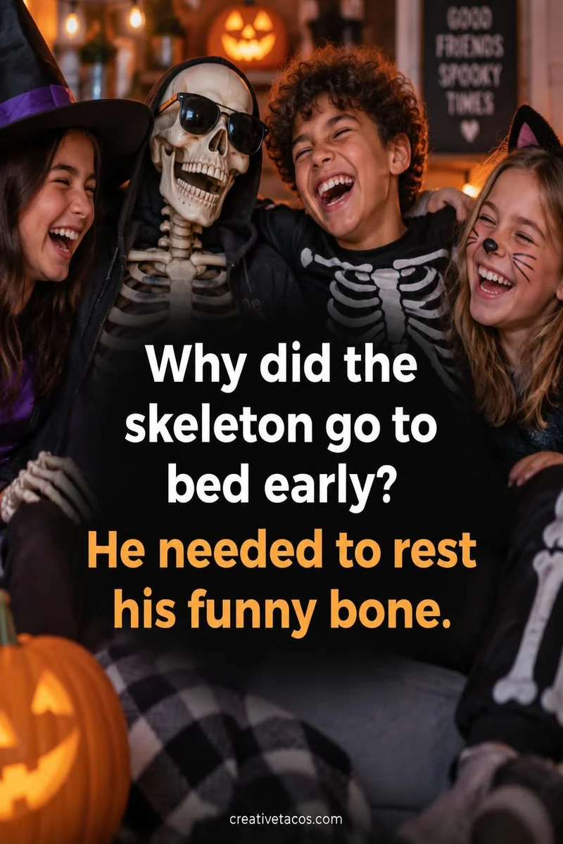 Quote card: Why did the skeleton go to bed early? He needed to rest his funny bone.