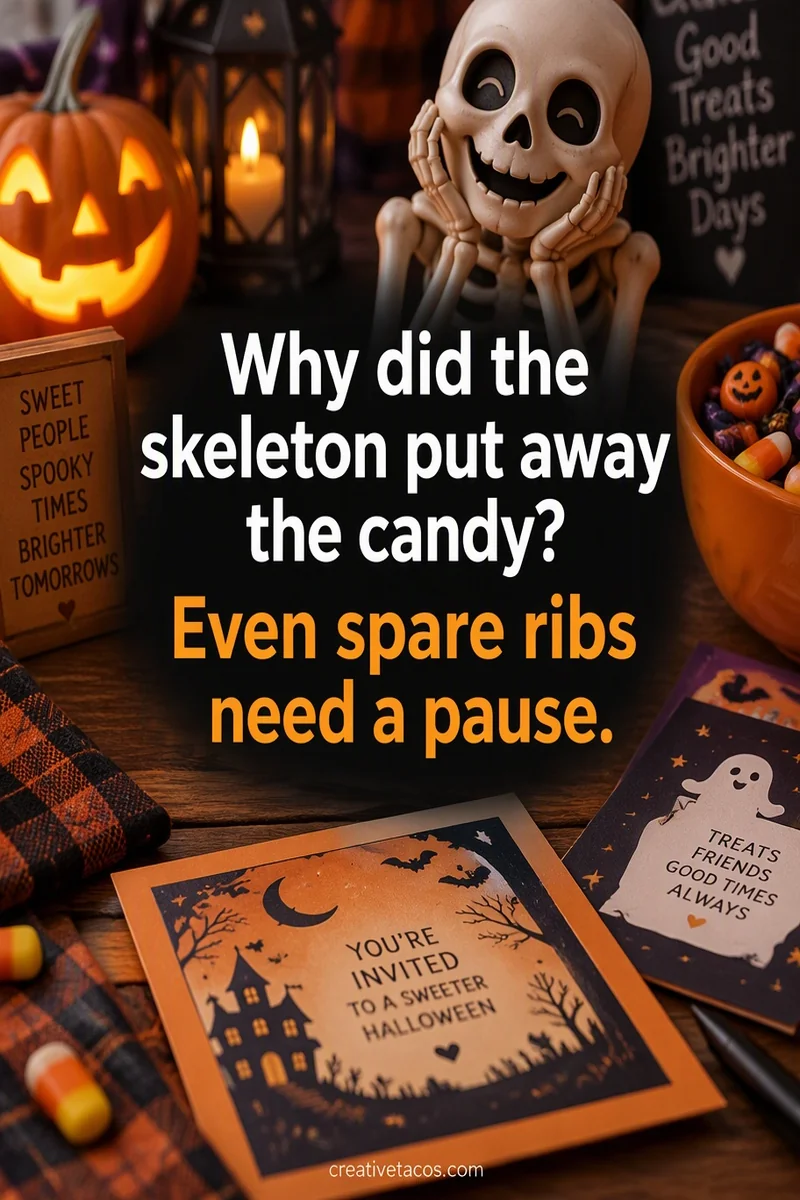 Quote card: Why did the skeleton put away the candy? Even spare ribs need a pause.