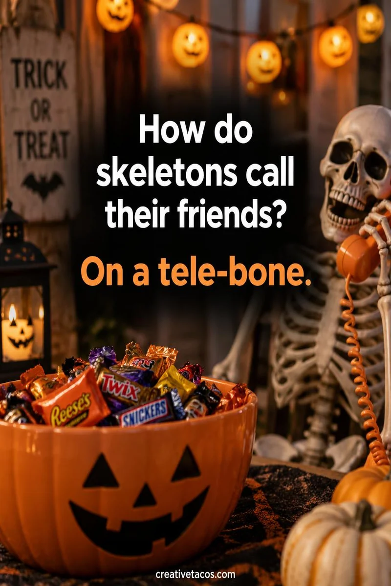 Quote card: How do skeletons call their friends? On a tele-bone.