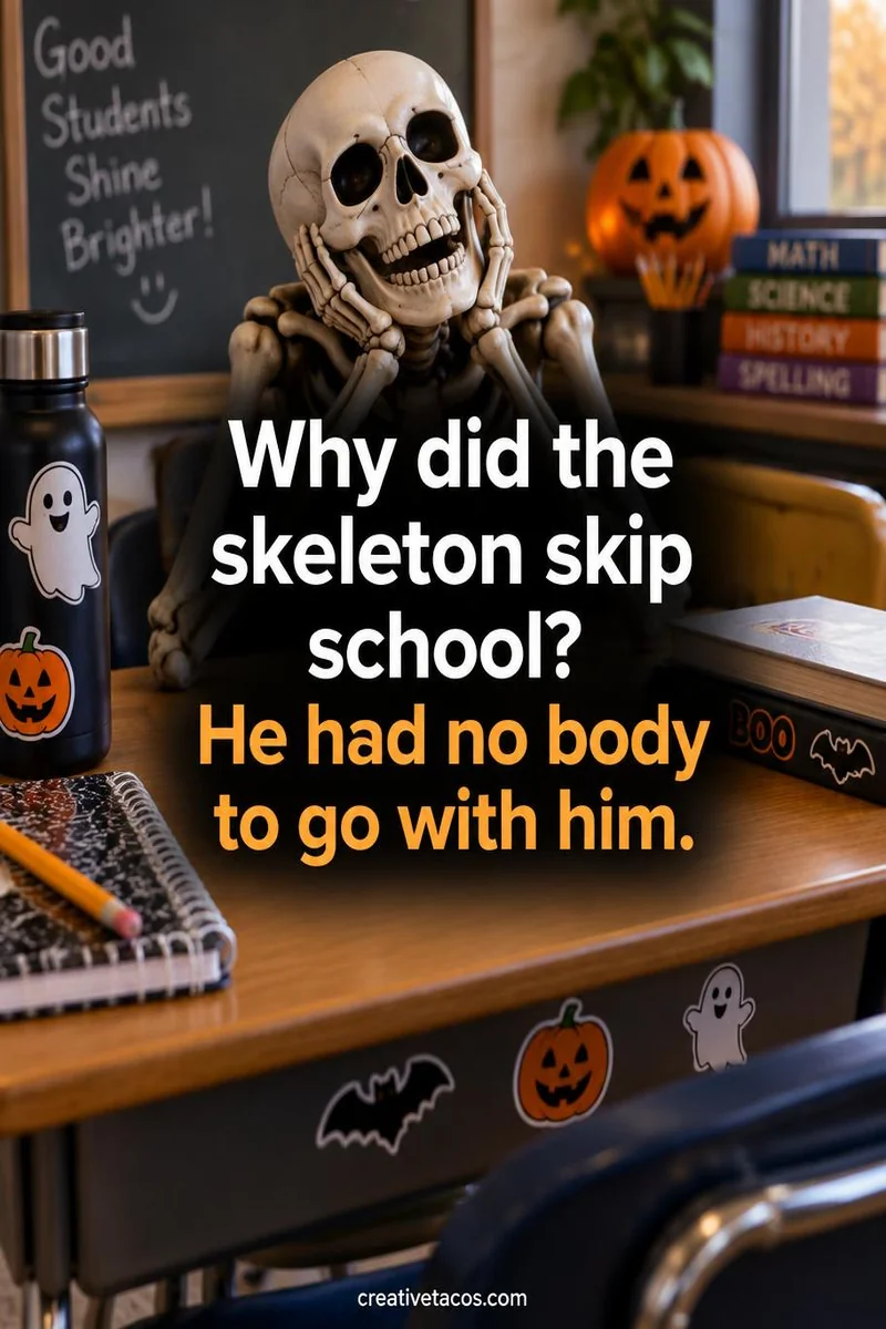 Quote card: Why did the skeleton skip school? He had no body to go with him.