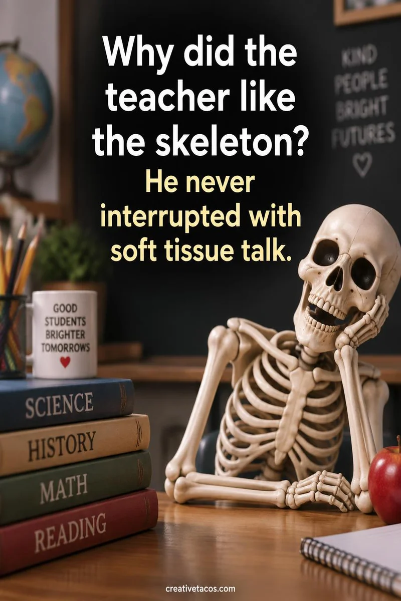 Quote card: Why did the teacher like the skeleton? He never interrupted with soft tissue talk.
