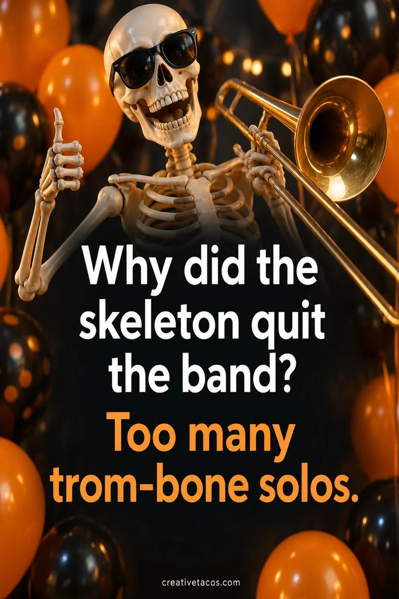 Quote card: Why did the skeleton quit the band? Too many trom-bone solos.