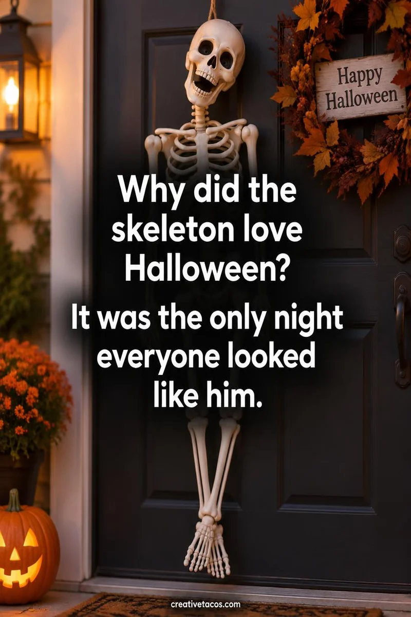 Quote card: Why did the skeleton love Halloween? It was the only night everyone looked like him.