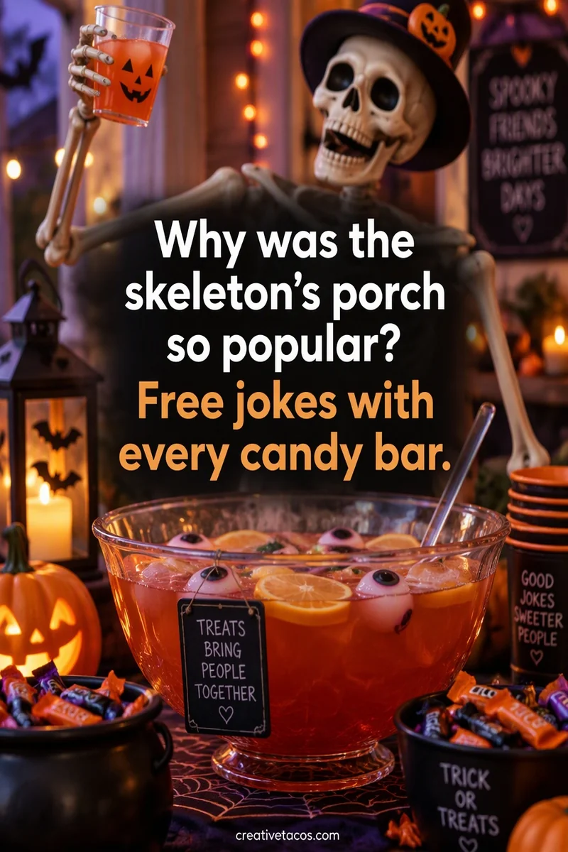 Quote card: Why was the skeleton's porch so popular? Free jokes with every candy bar.