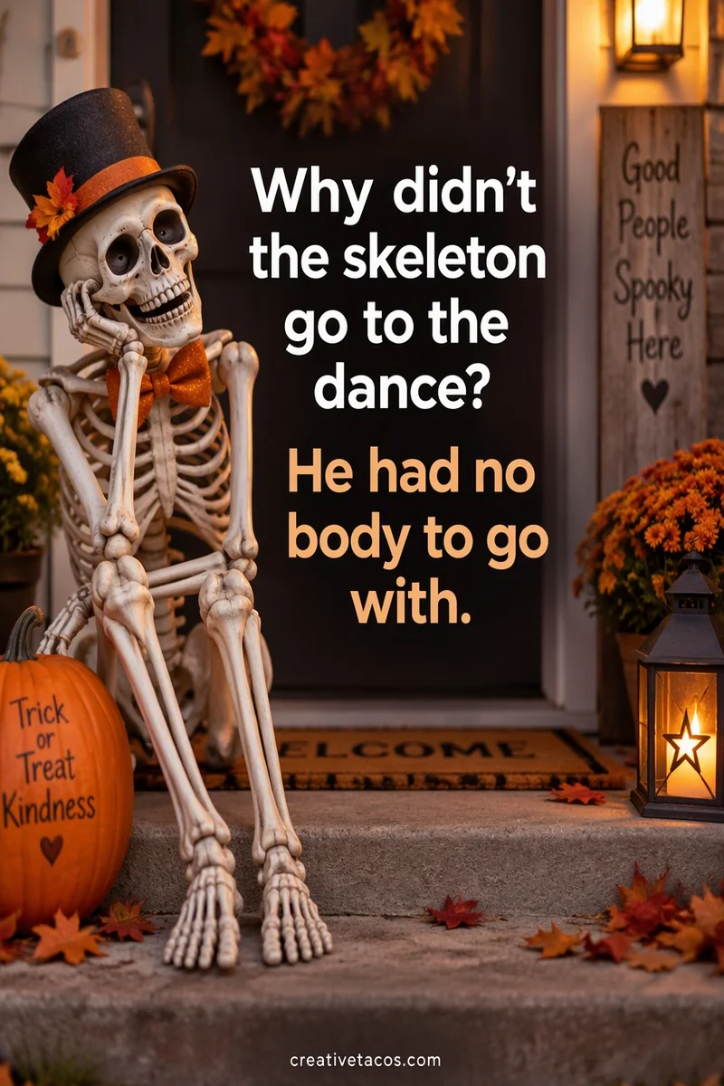 Quote card: Why didn't the skeleton go to the dance? He had no body to go with.