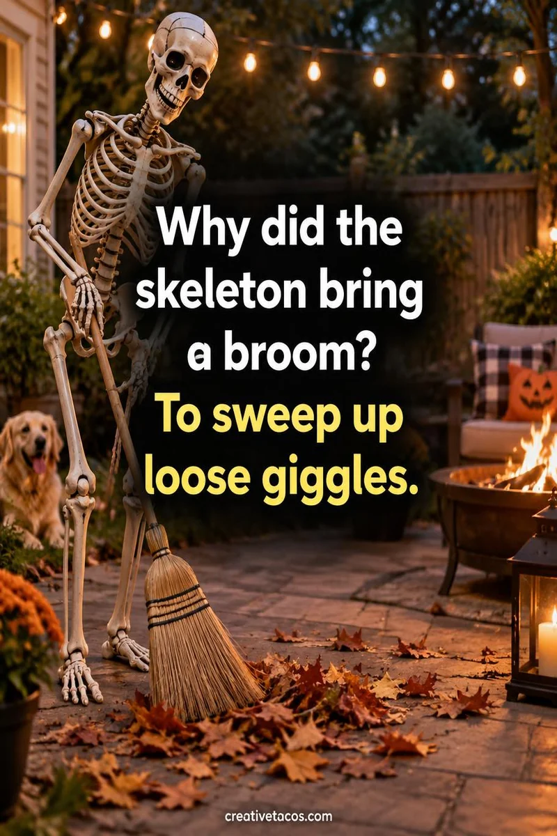 Quote card: Why did the skeleton bring a broom? To sweep up loose giggles.