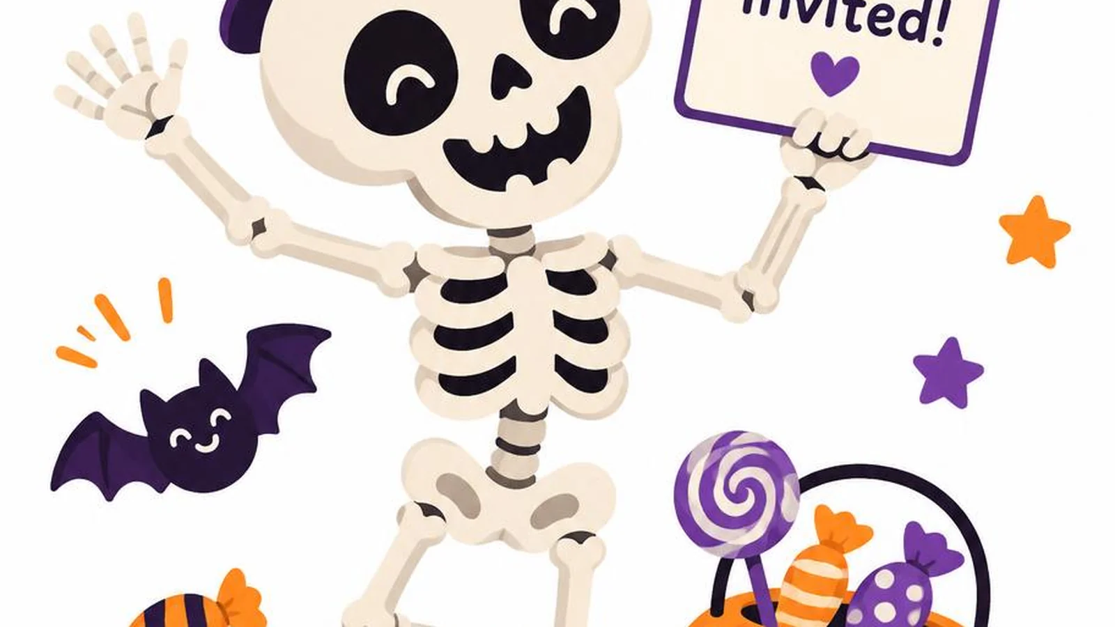 Clean illustration of a friendly skeleton and candy on a white background for skeleton puns.