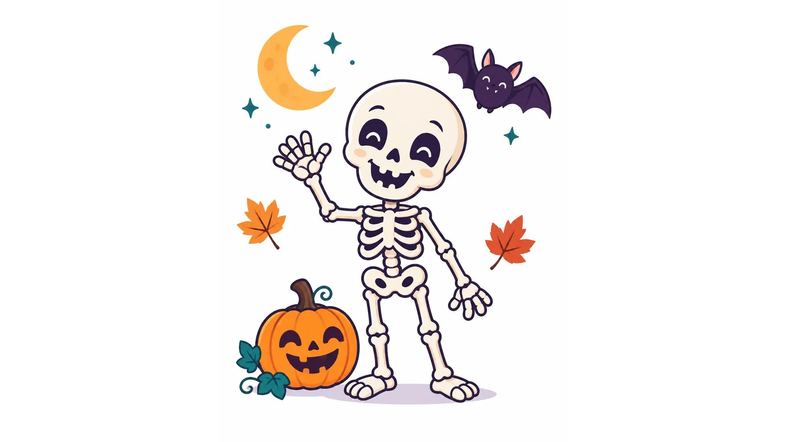 Illustration of a friendly smiling skeleton with a pumpkin, a bat, a moon, and autumn leaves on a white background for skeleton quotes.