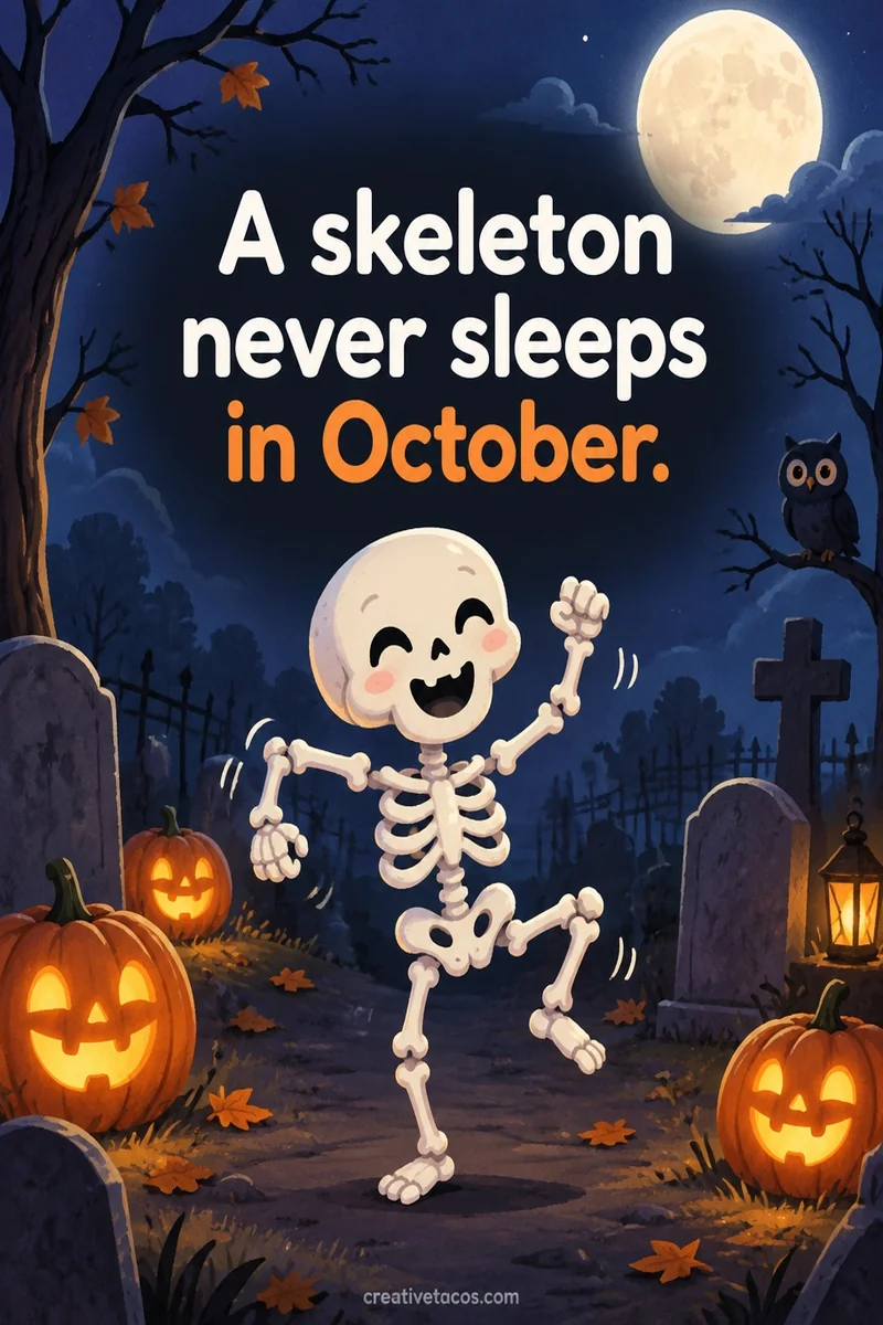 Quote card: A skeleton never sleeps in October.