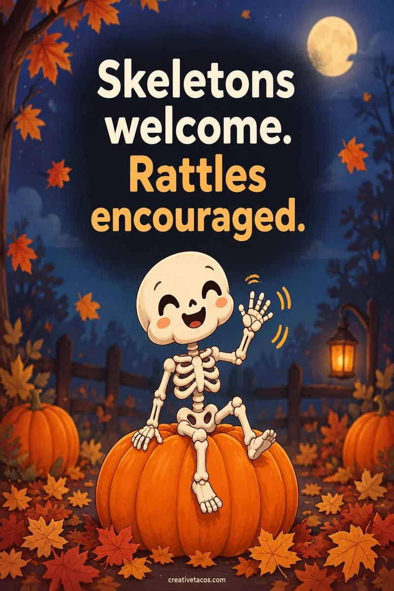Quote card: Skeletons welcome. Rattles encouraged.