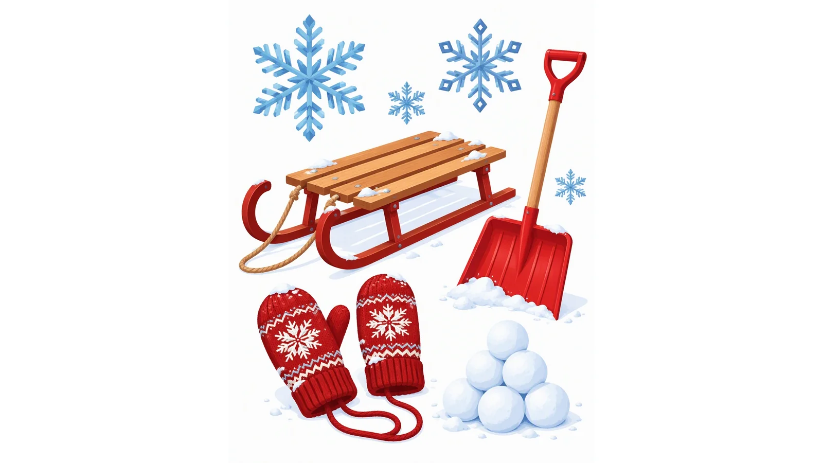 Illustration of snowflakes, a wooden sled, a red snow shovel, mittens, and snowballs on a white background for snow puns.