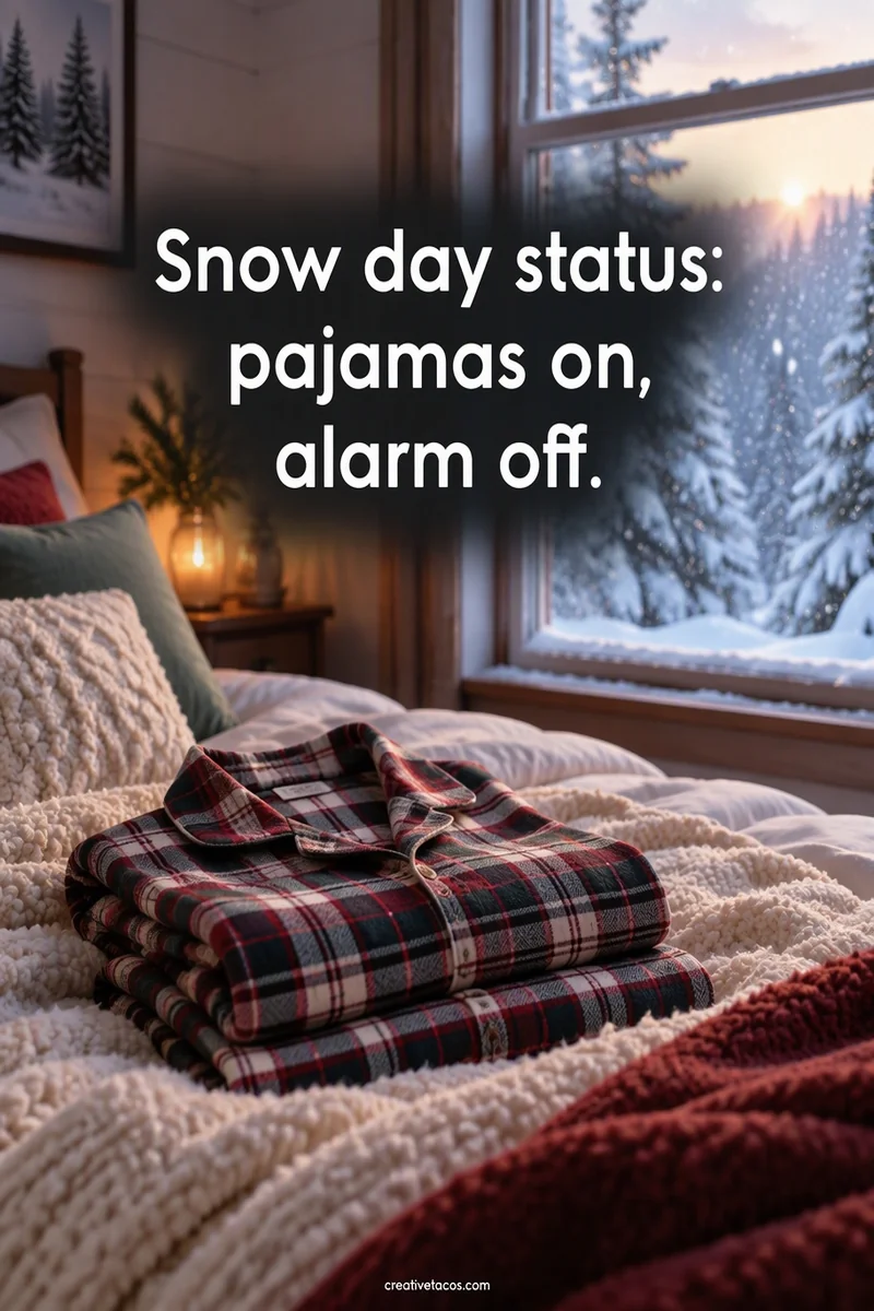 Quote card: Snow day status: pajamas on, alarm off.