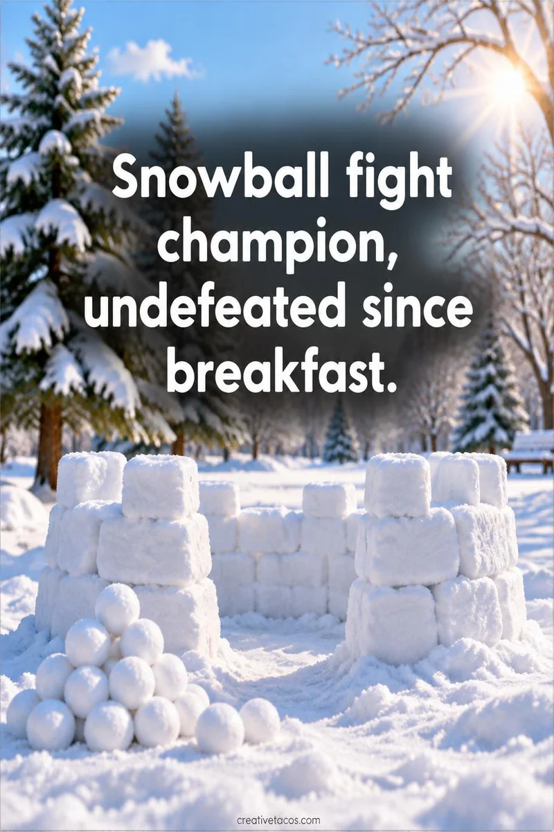 Quote card: Snowball fight champion, undefeated since breakfast.