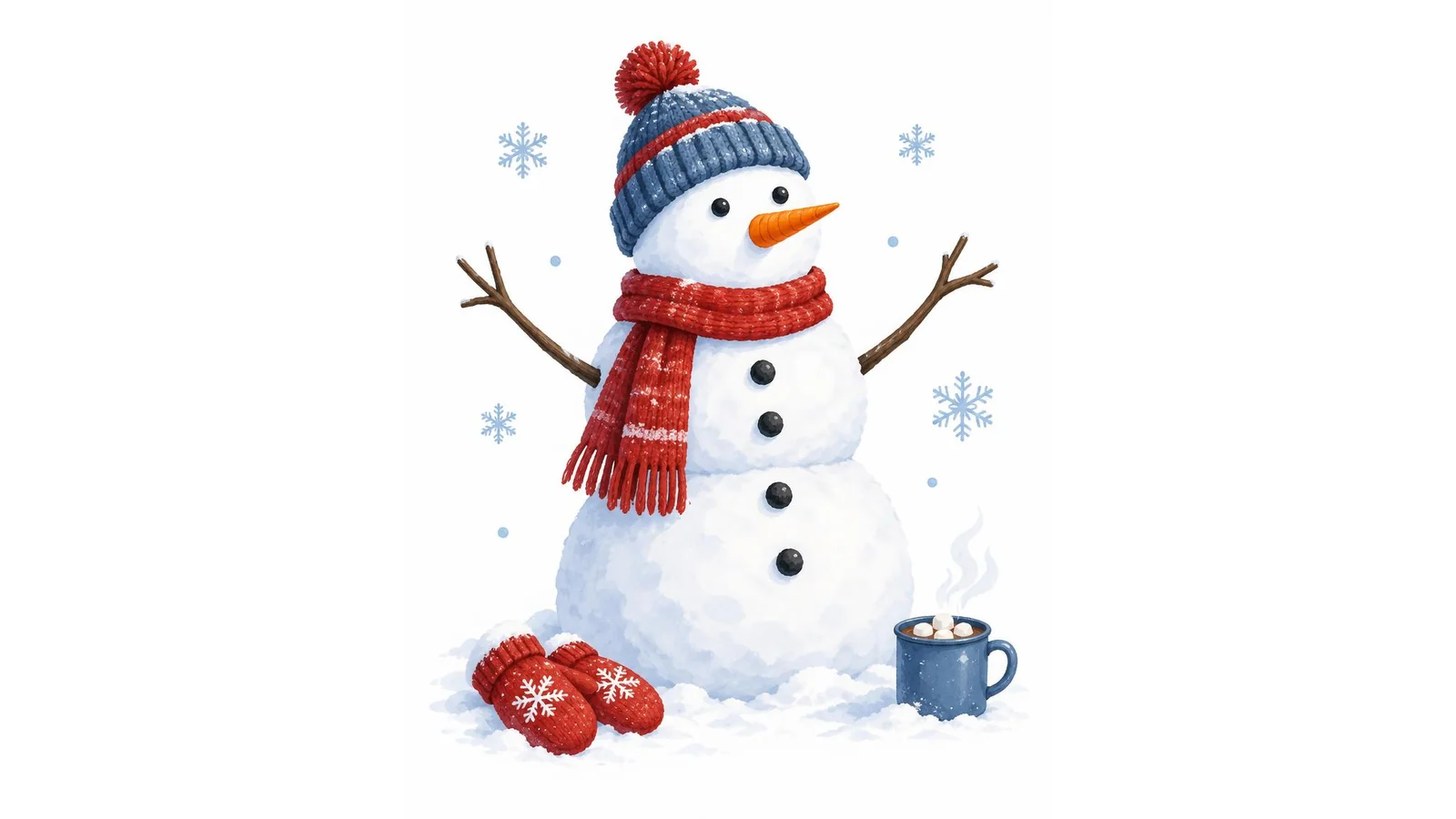 Illustration of a homemade snowman with a carrot nose, knit beanie, and scarf beside red mittens and a mug of cocoa on a white background for snowman puns.