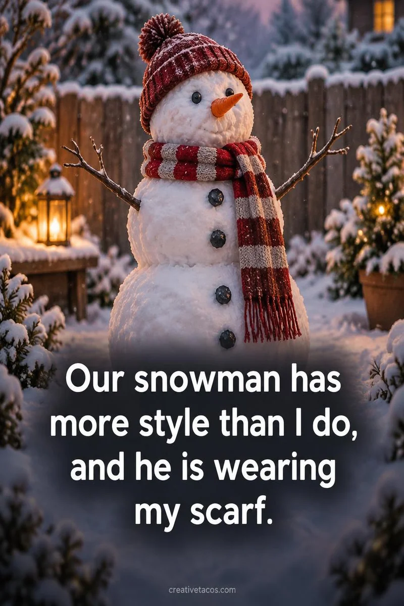 Quote card: Our snowman has more style than I do, and he is wearing my scarf.