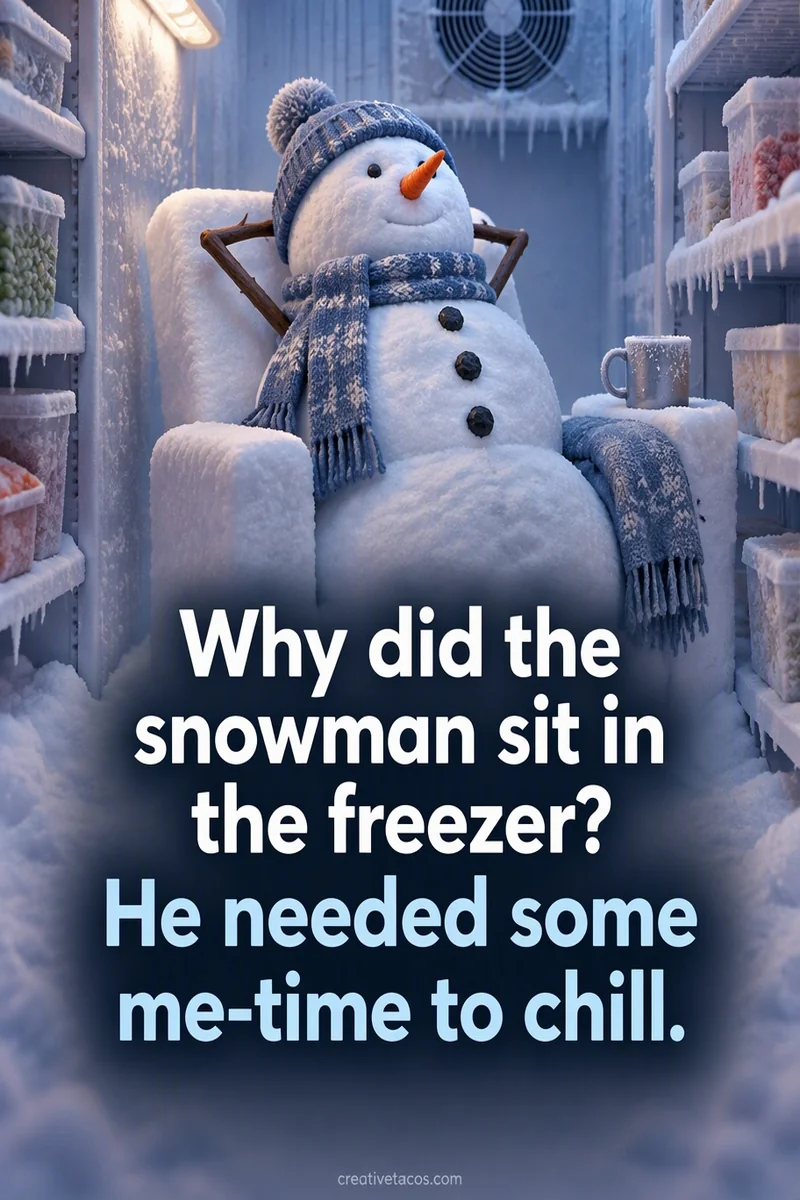 Quote card: Why did the snowman sit in the freezer? He needed some me-time to chill.